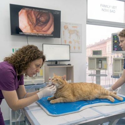 Endoskopski pregled narandzaste mačke u veterinarskoj ordinaciji Family Vet Novi Sad