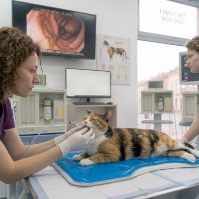 Endoskopski pregled trobojke mačke u veterinarskoj ordinaciji Family Vet Novi Sad